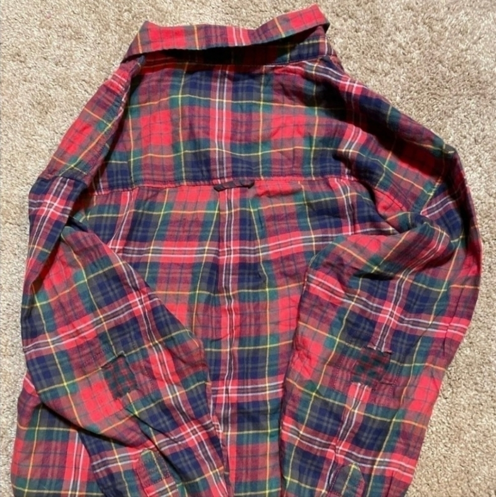 American Eagle AEO Cozy Cabin Cropped Patched Flannel Shirt Red Women's Small S - Picture 10 of 14